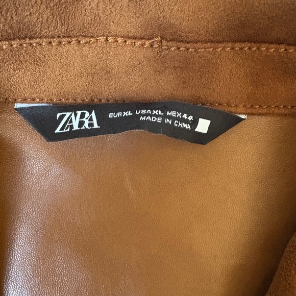 Zara Mens Jacket XL Brown Faux‎ Suede Black Trim Button Front Collared Coat - Picture 8 of 10